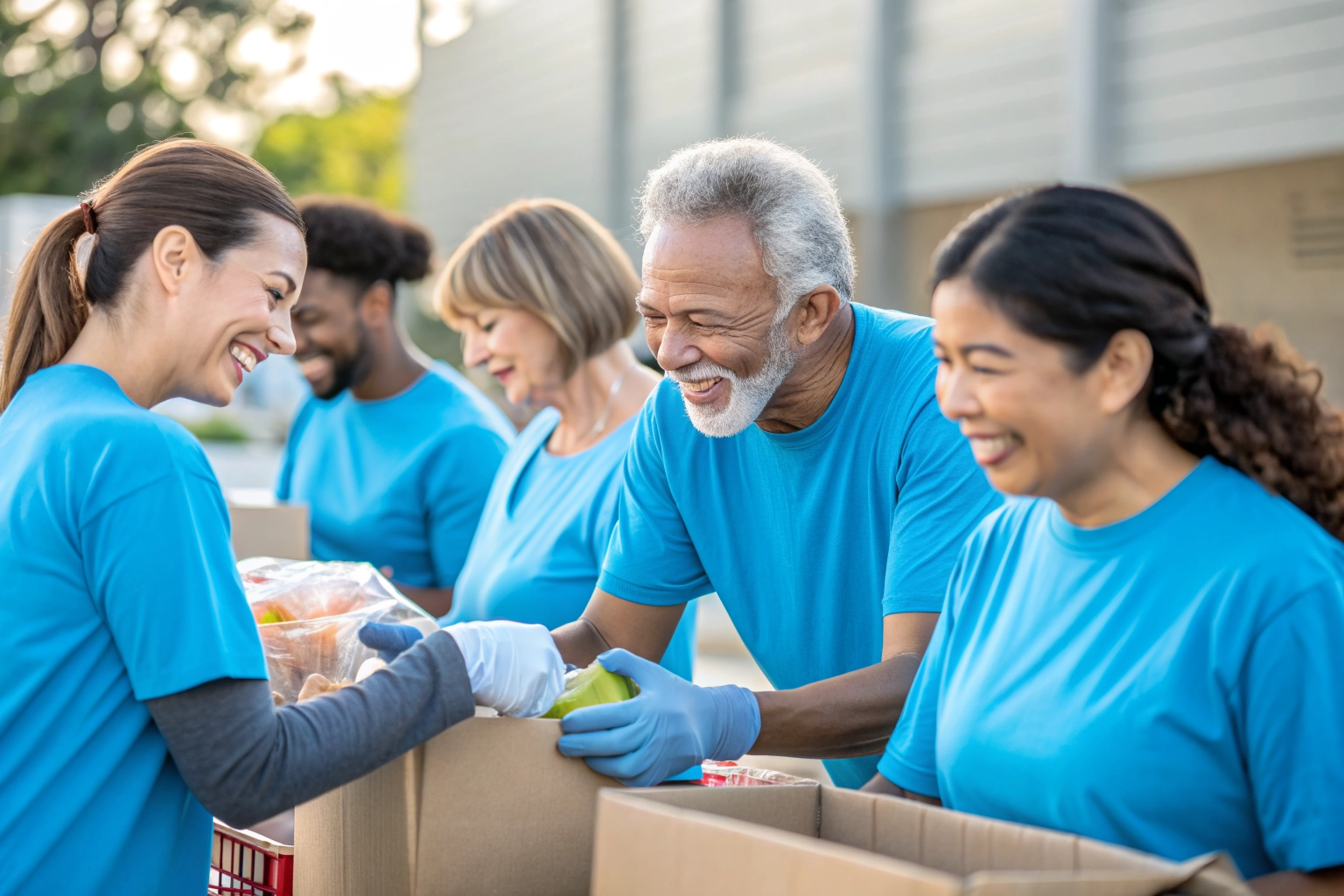 Compassionate volunteers smiling and working together in a bright community gathering setting