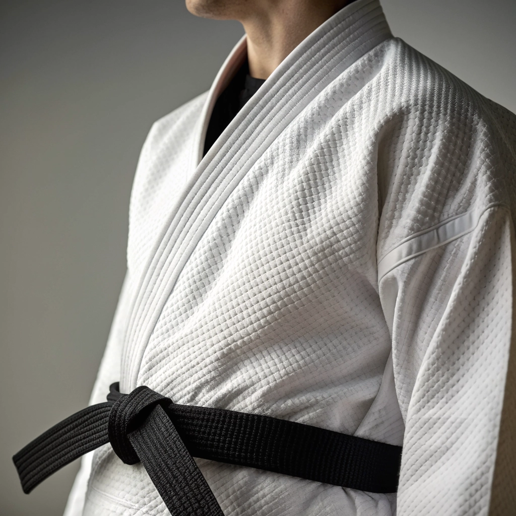 Judo practitioners training in white and blue gi
