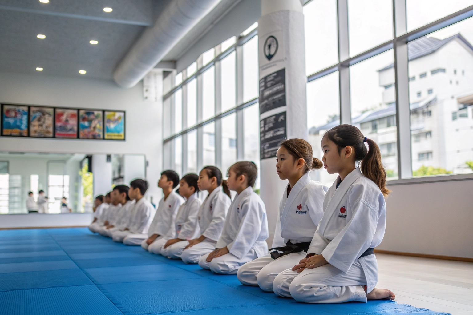 Group of youth students in judo uniforms sitting respectfully on the mat.